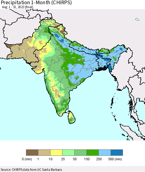 Southern Asia Precipitation 1-Month (CHIRPS) Thematic Map For 8/1/2023 - 8/31/2023