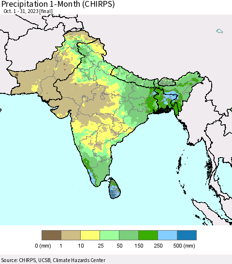 Southern Asia Precipitation 1-Month (CHIRPS) Thematic Map For 10/1/2023 - 10/31/2023