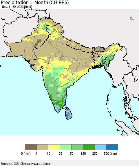Southern Asia Precipitation 1-Month (CHIRPS) Thematic Map For 11/1/2023 - 11/30/2023
