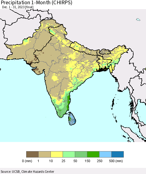 Southern Asia Precipitation 1-Month (CHIRPS) Thematic Map For 12/1/2023 - 12/31/2023