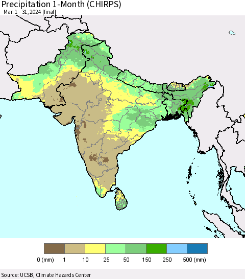 Southern Asia Precipitation 1-Month (CHIRPS) Thematic Map For 3/1/2024 - 3/31/2024