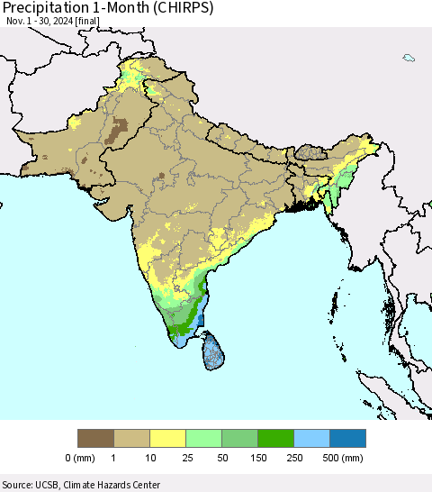 Southern Asia Precipitation 1-Month (CHIRPS) Thematic Map For 11/1/2024 - 11/30/2024