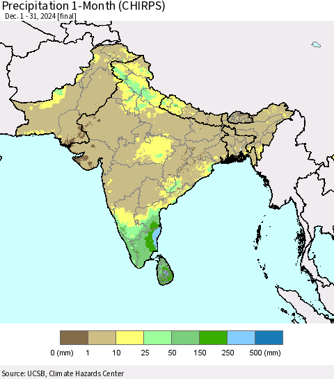 Southern Asia Precipitation 1-Month (CHIRPS) Thematic Map For 12/1/2024 - 12/31/2024