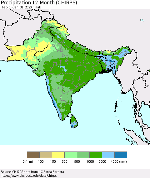 Southern Asia Precipitation 12-Month (CHIRPS) Thematic Map For 2/1/2019 - 1/31/2020