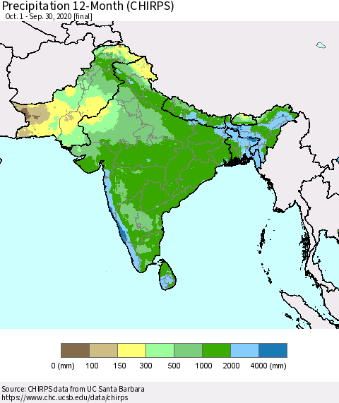 Southern Asia Precipitation 12-Month (CHIRPS) Thematic Map For 10/1/2019 - 9/30/2020