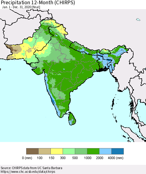 Southern Asia Precipitation 12-Month (CHIRPS) Thematic Map For 1/1/2020 - 12/31/2020