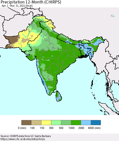Southern Asia Precipitation 12-Month (CHIRPS) Thematic Map For 4/1/2020 - 3/31/2021