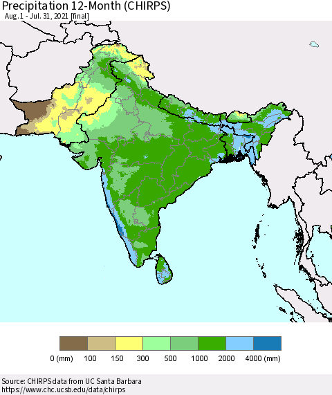 Southern Asia Precipitation 12-Month (CHIRPS) Thematic Map For 8/1/2020 - 7/31/2021