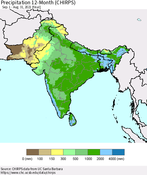 Southern Asia Precipitation 12-Month (CHIRPS) Thematic Map For 9/1/2020 - 8/31/2021