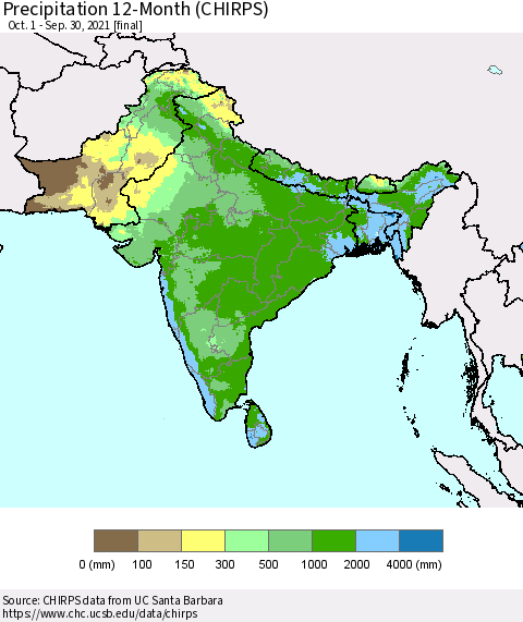 Southern Asia Precipitation 12-Month (CHIRPS) Thematic Map For 10/1/2020 - 9/30/2021