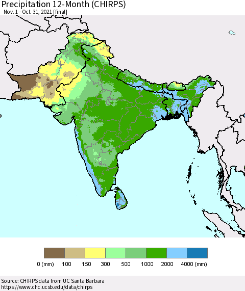 Southern Asia Precipitation 12-Month (CHIRPS) Thematic Map For 11/1/2020 - 10/31/2021