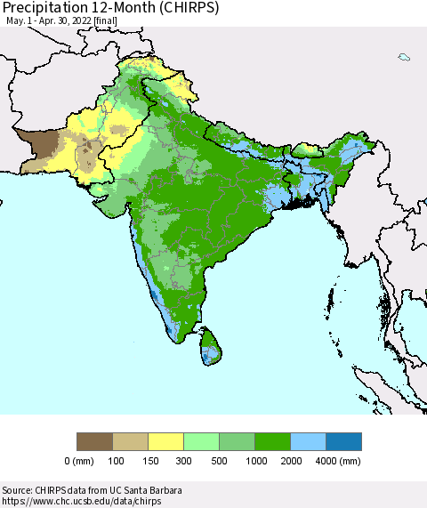 Southern Asia Precipitation 12-Month (CHIRPS) Thematic Map For 5/1/2021 - 4/30/2022