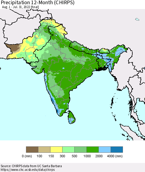Southern Asia Precipitation 12-Month (CHIRPS) Thematic Map For 8/1/2021 - 7/31/2022