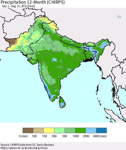 Southern Asia Precipitation 12-Month (CHIRPS) Thematic Map For 9/1/2021 - 8/31/2022