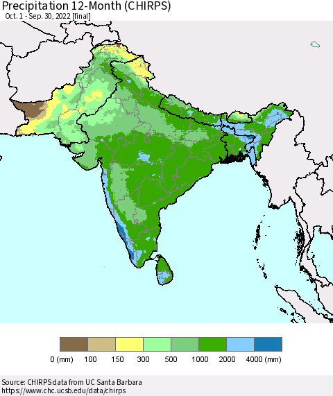 Southern Asia Precipitation 12-Month (CHIRPS) Thematic Map For 10/1/2021 - 9/30/2022