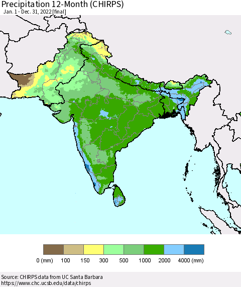 Southern Asia Precipitation 12-Month (CHIRPS) Thematic Map For 1/1/2022 - 12/31/2022