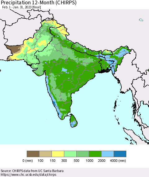 Southern Asia Precipitation 12-Month (CHIRPS) Thematic Map For 2/1/2022 - 1/31/2023