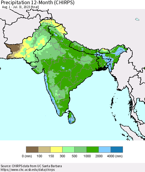 Southern Asia Precipitation 12-Month (CHIRPS) Thematic Map For 8/1/2022 - 7/31/2023
