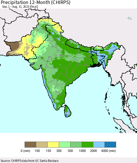 Southern Asia Precipitation 12-Month (CHIRPS) Thematic Map For 9/1/2022 - 8/31/2023