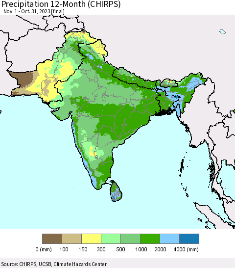 Southern Asia Precipitation 12-Month (CHIRPS) Thematic Map For 11/1/2022 - 10/31/2023