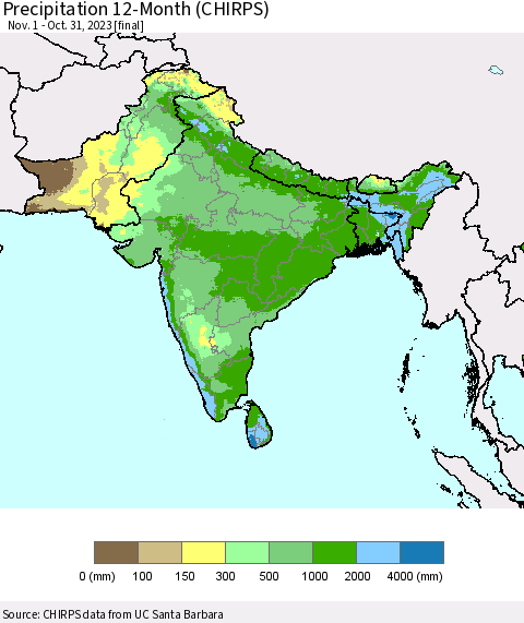 Southern Asia Precipitation 12-Month (CHIRPS) Thematic Map For 11/1/2022 - 10/31/2023