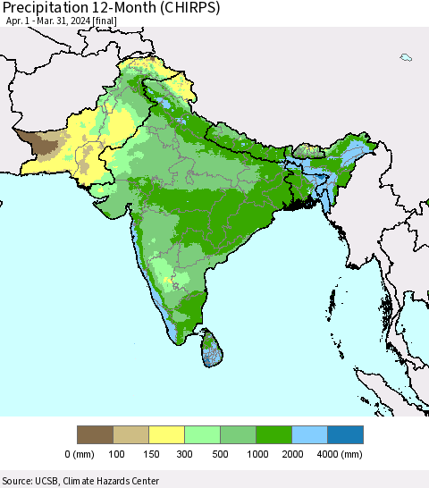 Southern Asia Precipitation 12-Month (CHIRPS) Thematic Map For 4/1/2023 - 3/31/2024