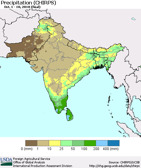 Southern Asia Precipitation (CHIRPS) Thematic Map For 10/1/2018 - 10/10/2018