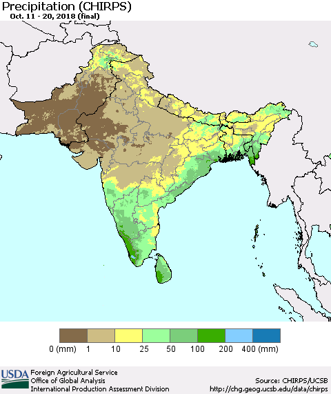 Southern Asia Precipitation (CHIRPS) Thematic Map For 10/11/2018 - 10/20/2018