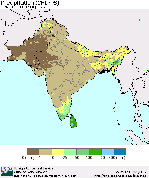Southern Asia Precipitation (CHIRPS) Thematic Map For 10/21/2018 - 10/31/2018