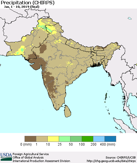 Southern Asia Precipitation (CHIRPS) Thematic Map For 1/1/2019 - 1/10/2019
