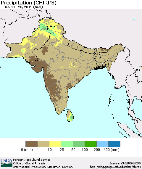 Southern Asia Precipitation (CHIRPS) Thematic Map For 1/11/2019 - 1/20/2019