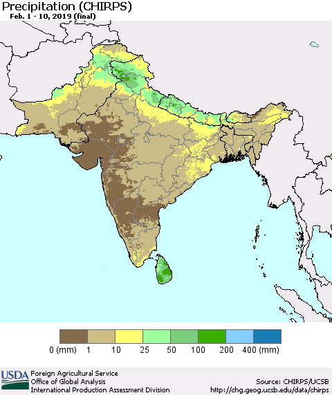 Southern Asia Precipitation (CHIRPS) Thematic Map For 2/1/2019 - 2/10/2019