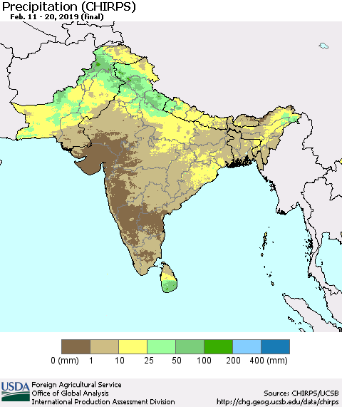 Southern Asia Precipitation (CHIRPS) Thematic Map For 2/11/2019 - 2/20/2019