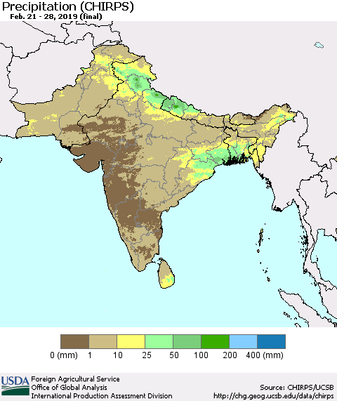 Southern Asia Precipitation (CHIRPS) Thematic Map For 2/21/2019 - 2/28/2019