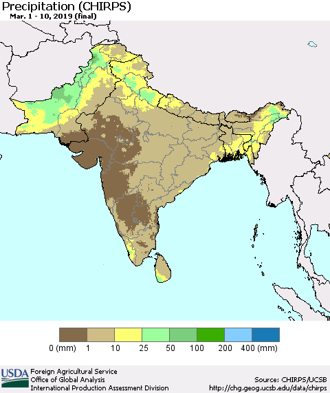 Southern Asia Precipitation (CHIRPS) Thematic Map For 3/1/2019 - 3/10/2019