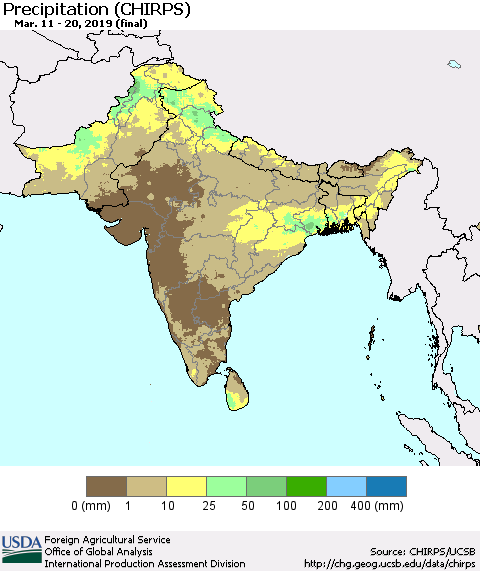 Southern Asia Precipitation (CHIRPS) Thematic Map For 3/11/2019 - 3/20/2019