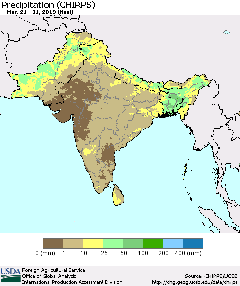 Southern Asia Precipitation (CHIRPS) Thematic Map For 3/21/2019 - 3/31/2019