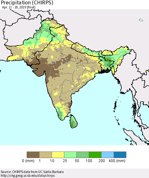 Southern Asia Precipitation (CHIRPS) Thematic Map For 4/11/2019 - 4/20/2019