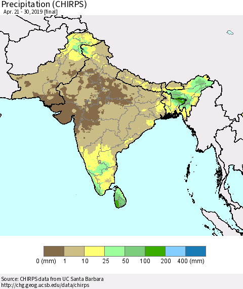 Southern Asia Precipitation (CHIRPS) Thematic Map For 4/21/2019 - 4/30/2019
