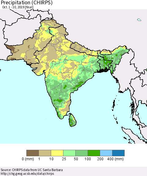 Southern Asia Precipitation (CHIRPS) Thematic Map For 10/1/2019 - 10/10/2019