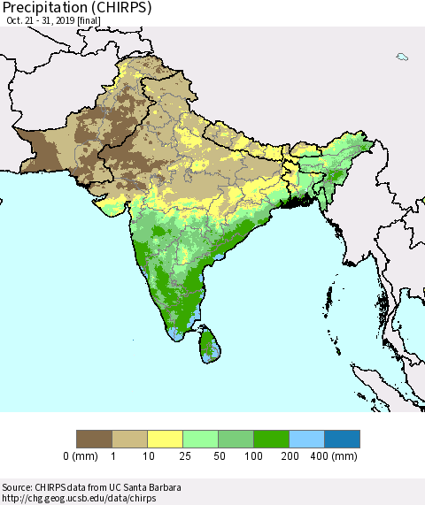 Southern Asia Precipitation (CHIRPS) Thematic Map For 10/21/2019 - 10/31/2019