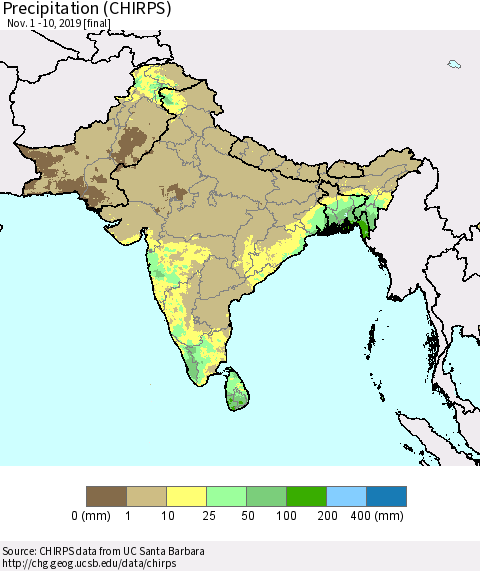 Southern Asia Precipitation (CHIRPS) Thematic Map For 11/1/2019 - 11/10/2019