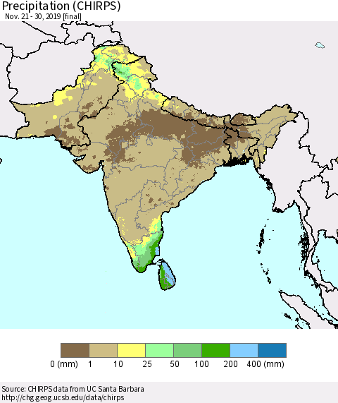 Southern Asia Precipitation (CHIRPS) Thematic Map For 11/21/2019 - 11/30/2019