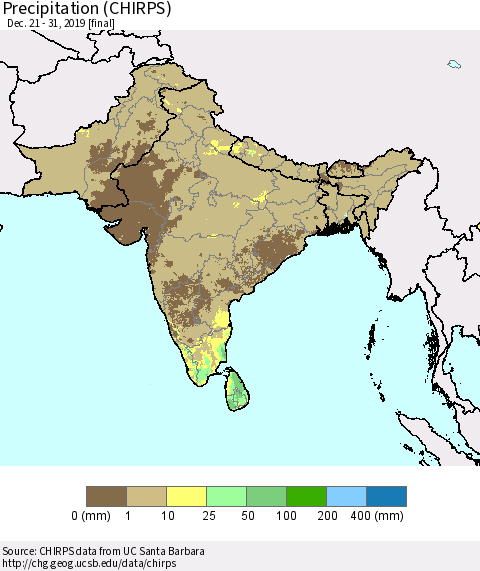 Southern Asia Precipitation (CHIRPS) Thematic Map For 12/21/2019 - 12/31/2019