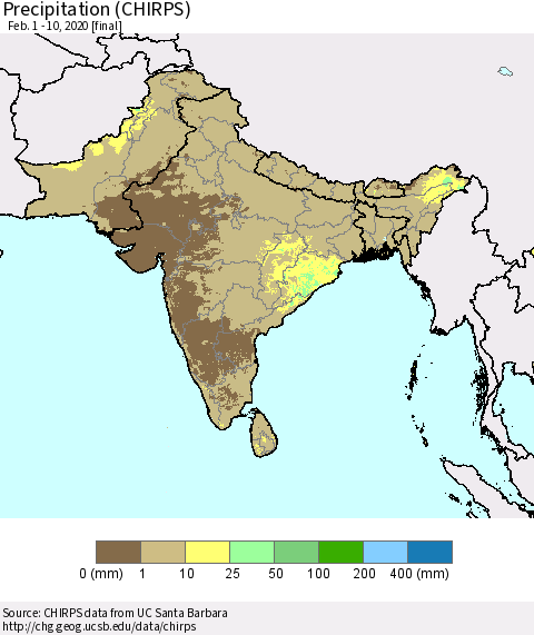 Southern Asia Precipitation (CHIRPS) Thematic Map For 2/1/2020 - 2/10/2020