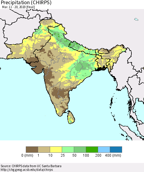Southern Asia Precipitation (CHIRPS) Thematic Map For 3/11/2020 - 3/20/2020