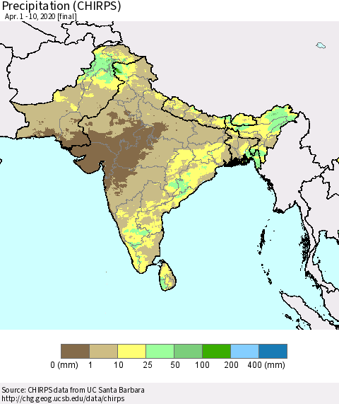 Southern Asia Precipitation (CHIRPS) Thematic Map For 4/1/2020 - 4/10/2020