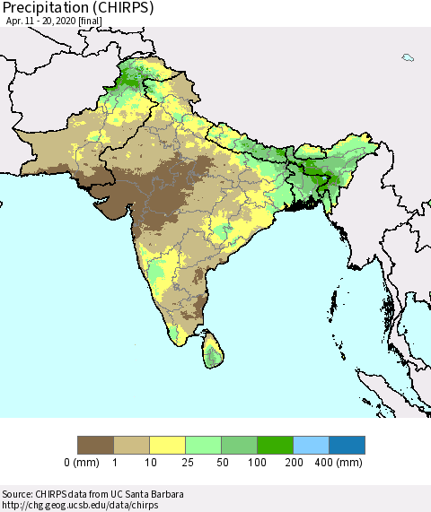 Southern Asia Precipitation (CHIRPS) Thematic Map For 4/11/2020 - 4/20/2020