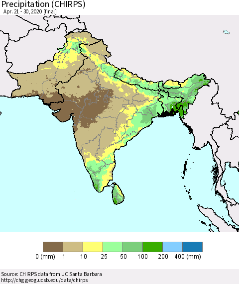 Southern Asia Precipitation (CHIRPS) Thematic Map For 4/21/2020 - 4/30/2020