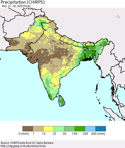 Southern Asia Precipitation (CHIRPS) Thematic Map For 5/11/2020 - 5/20/2020